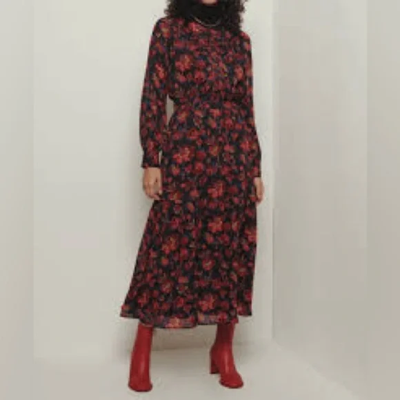 NWT Derek Lam 10 Crosby Tracy Black Floral Printed Midi Dress, Size 14 - Picture 4 of 13